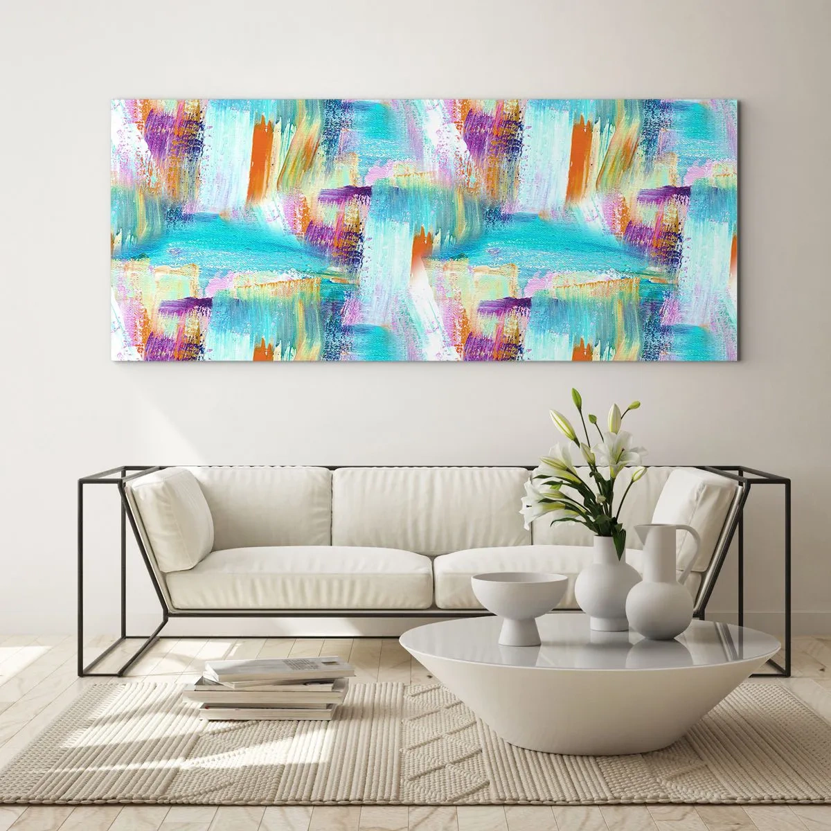 Glasbild - Bild auf glas - Farbenfrohe Abstraktion mit dynamischen Pinselstrichen - 160x50cm - Fröhlicher Labyrinth-Liner - Moderne Wanddekoration für Wohnzimmer und Schlafzimmer ARTTOR