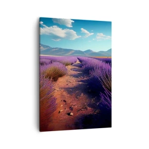 Bild auf Leinwand - Leinwandbild - Ein Lavendelfeld mit Blick auf die Berge und den blauen Himmel - 50x70cm - Duftende Felder - Moderne Wanddekoration für Wohnzimmer und Schlafzimmer ARTTOR