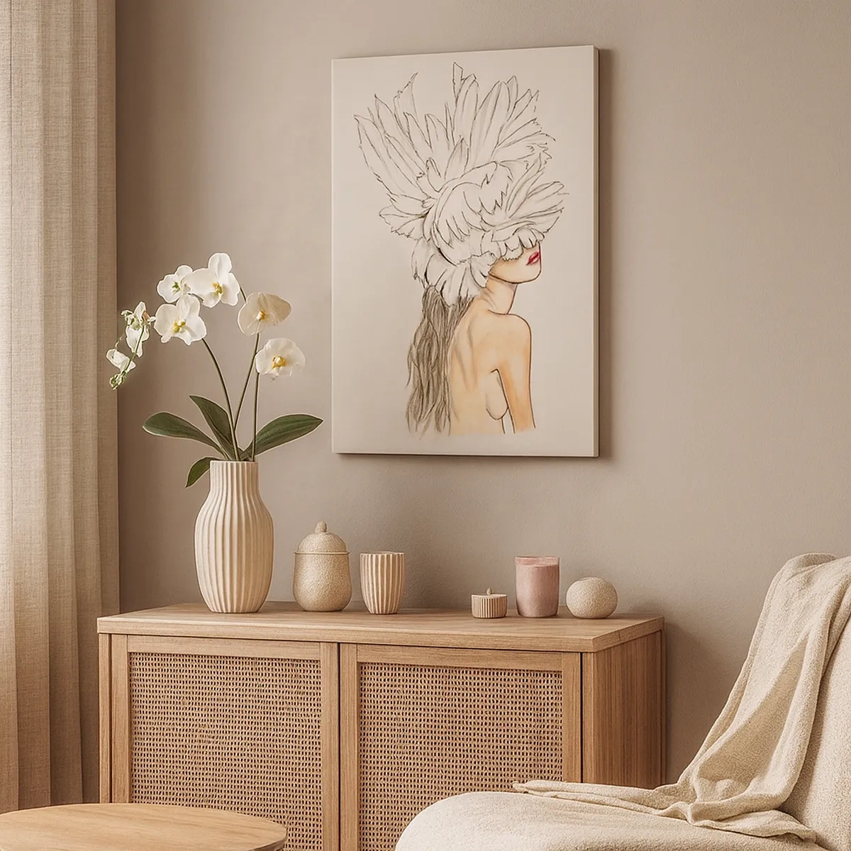 Bild auf Leinwand - Leinwandbild - Portrait einer Frau mit Federschmuck im künstlerischen Stil - 50x70cm - Gekrönte Schönheit - Moderne Wanddekoration für Wohnzimmer und Schlafzimmer ARTTOR