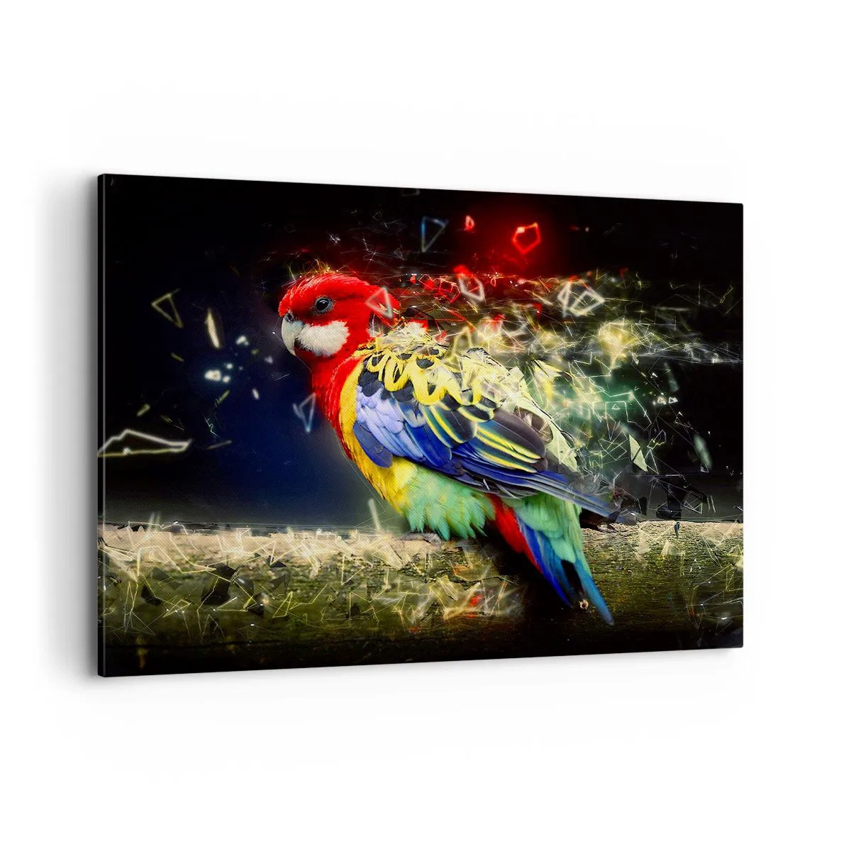 Bild auf Leinwand - Leinwandbild - Ein Papagei in leuchtenden Farben vor einem Hintergrund aus Lichteffekten - 100x70cm - Botschafter des Strahlens - Moderne Wanddekoration für Wohnzimmer und Schlafzimmer ARTTOR