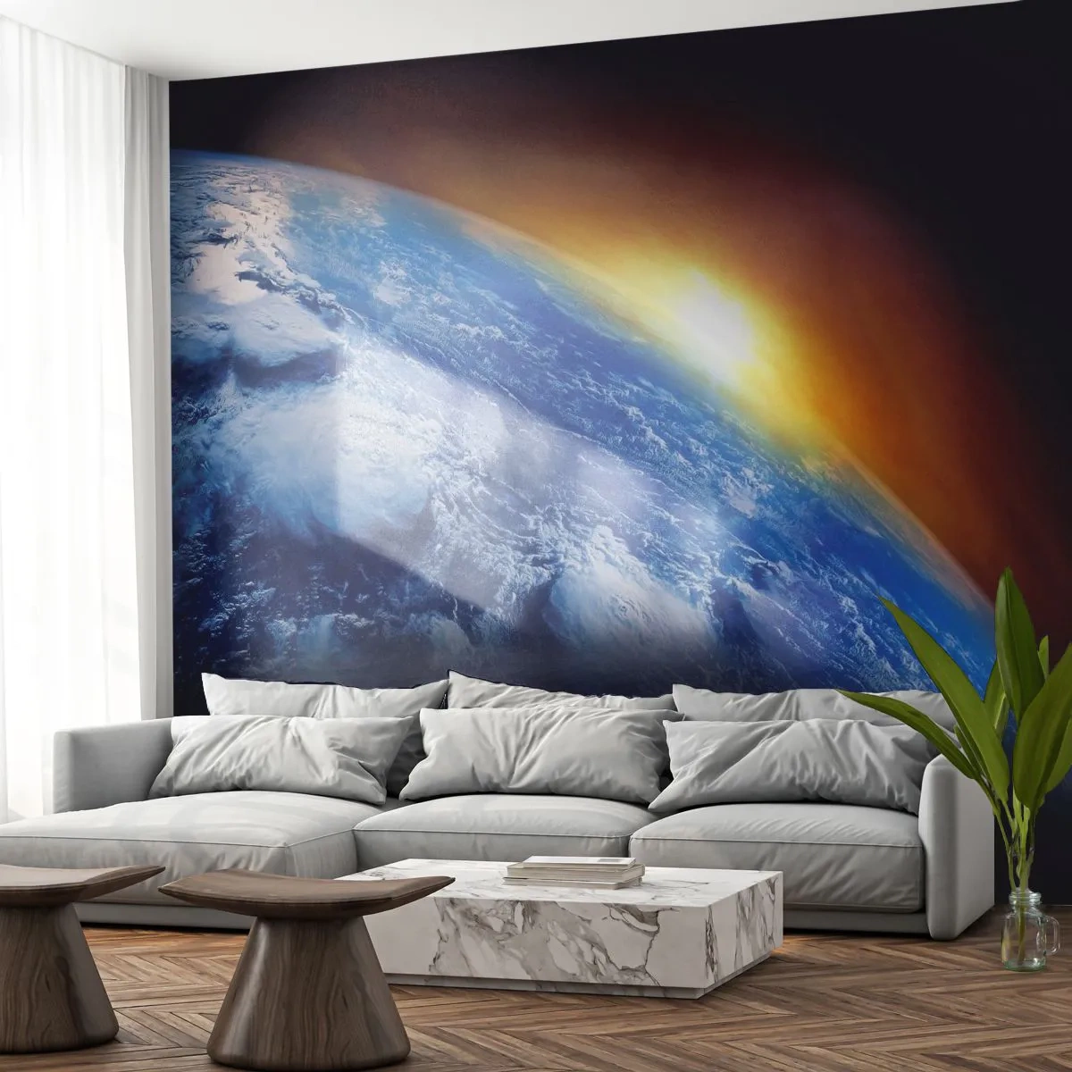 Selbstklebende Fototapete Deluxe Sticker - Sonnenaufgang über dem blauen Planeten - Abstraktion, 3D, Kosmos - 300x210 cm
