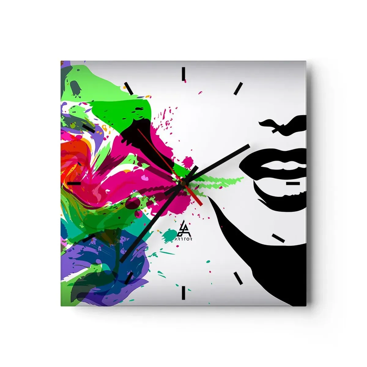 Wanduhr - Glasuhr - Farbenfrohes abstraktes Porträt mit dynamischen Formen - 30x30cm - Eine Geschichte in den Farben des Regenbogens - Moderne Wanddekoration für Wohnzimmer und Schlafzimmer ARTTOR