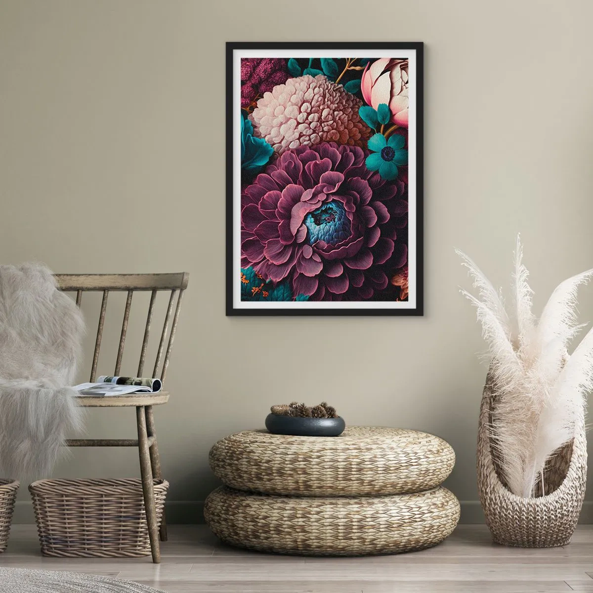 Poster in einem schwarzem Rahmen - Ein Blumenarrangement in tiefen Farbtönen - 50x70cm - Natur in Hülle und Fülle - Moderne Wanddekoration für Wohnzimmer und Schlafzimmer ARTTOR