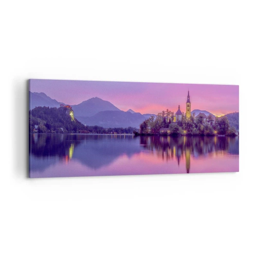 Bild auf Leinwand - Leinwandbild - See mit einer Insel und einer Kirche bei Sonnenuntergang - 120x50cm - Eine märchenhafte Insel in der Abenddämmerung - Moderne Wanddekoration für Wohnzimmer und Schlafzimmer ARTTOR