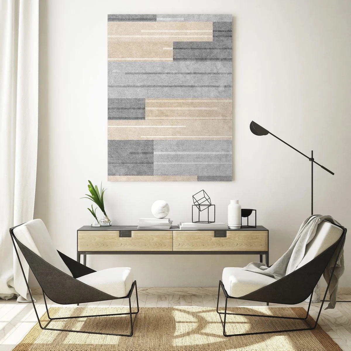Glasbild - Bild auf glas - Geometrische Streifen in Grau- und Beigetönen - 50x70cm - Komposition: Vertikal halten - Moderne Wanddekoration für Wohnzimmer und Schlafzimmer ARTTOR