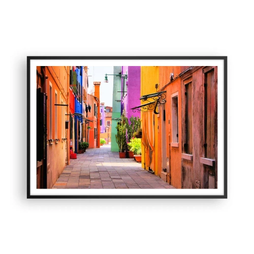 Poster in einem schwarzem Rahmen - Eine bunte Straße mit Mietshäusern in hellen Farbtönen - 100x70cm - Regenbogengasse - Moderne Wanddekoration für Wohnzimmer und Schlafzimmer ARTTOR