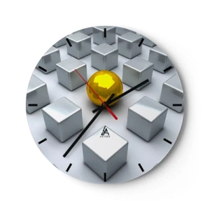 Wanduhr - Glasuhr - Eine goldene Kugel zwischen silbernen Würfeln - 30x30cm - Warum ich? Geometrische Zusammensetzung - Moderne Wanddekoration für Wohnzimmer, Küche und Schlafzimmer ARTTOR