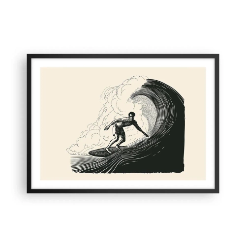 Poster in einem schwarzem Rahmen - Schwarz-Weiß-Grafik eines Surfers, der auf einer Welle reitet - 70x50cm - König der Welle - Moderne Wanddekoration für Wohnzimmer und Schlafzimmer ARTTOR