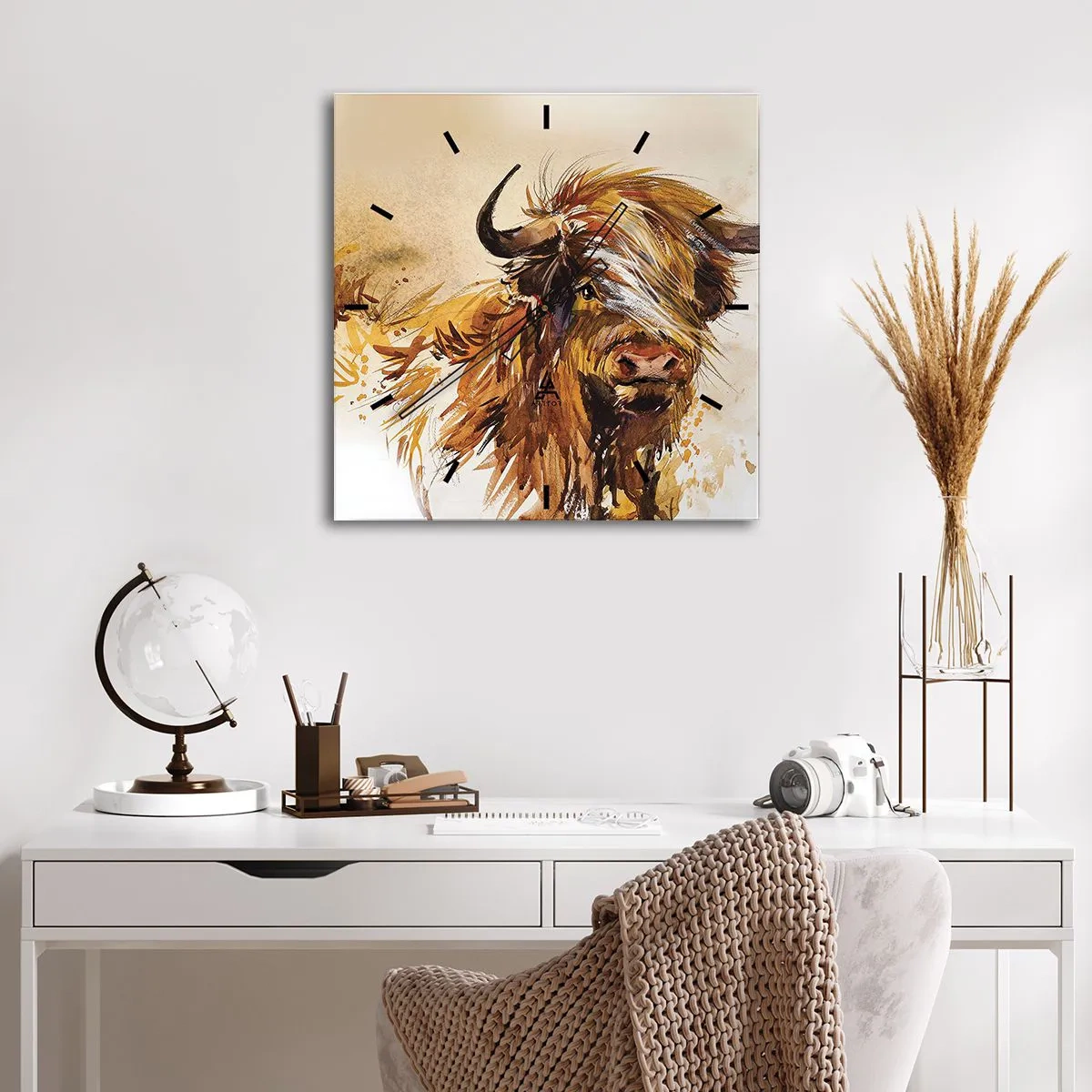Wanduhr - Glasuhr - Porträt eines Stiers im künstlerischen Aquarellstil - 30x30cm - Stolz des Jägers - Moderne Wanddekoration für Wohnzimmer und Schlafzimmer ARTTOR