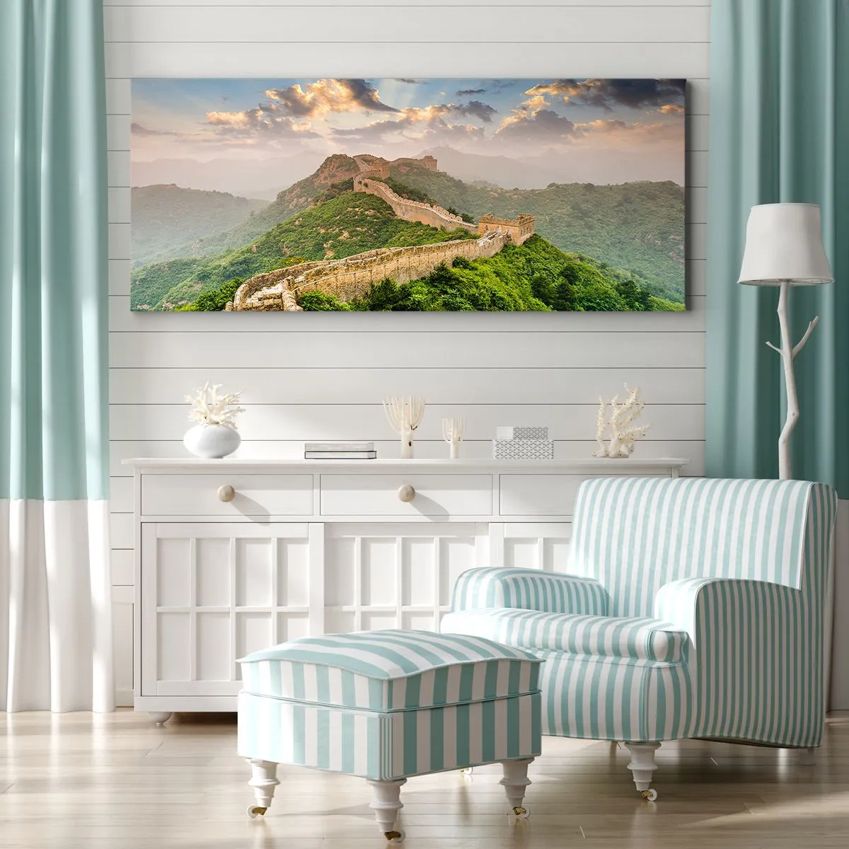 Bild auf Leinwand - Leinwandbild - Die Chinesische Mauer im Sonnenlicht in einer malerischen Landschaft - 160x50cm - Ewige Größe - Moderne Wanddekoration für Wohnzimmer und Schlafzimmer ARTTOR
