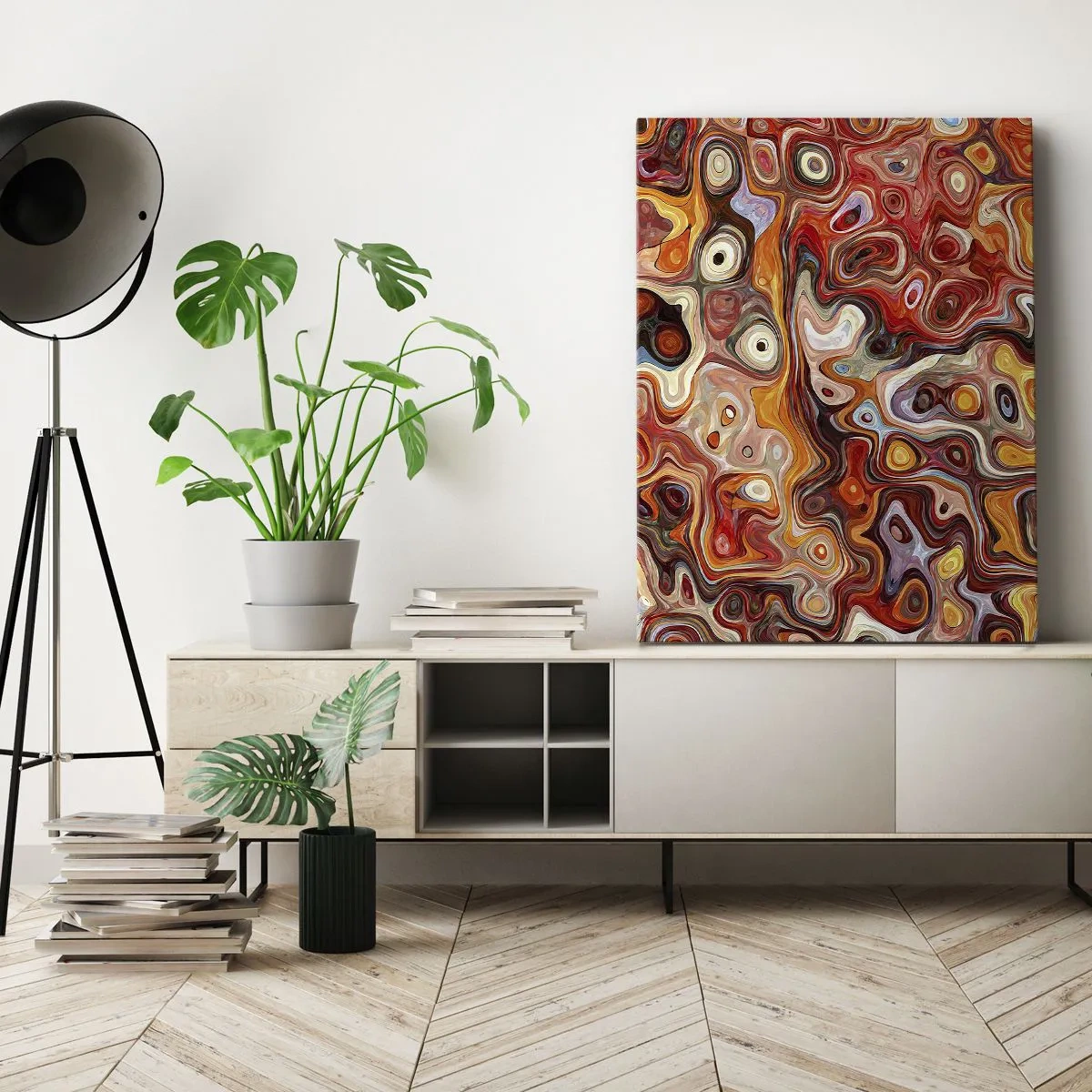 Bild auf Leinwand - Leinwandbild - Eine abstrakte Komposition in warmen Rot-, Orange- und Gelbtönen. - 50x70cm - Wenn die Nüsse in Honig geschmolzen sind - Moderne Wanddekoration für Wohnzimmer und Schlafzimmer ARTTOR