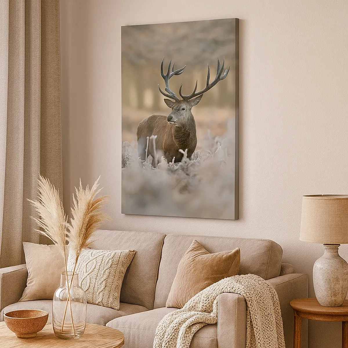 Bild auf Leinwand - Leinwandbild - Ein Reh auf einer frostigen Lichtung in einem Winterwald mit dezenten Farben - 50x70cm - Ein flotter Morgen - Moderne Wanddekoration für Wohnzimmer und Schlafzimmer ARTTOR