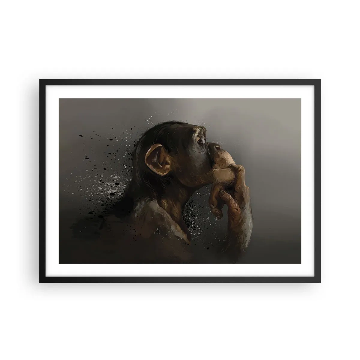 Poster in einem schwarzem Rahmen - Porträt eines Affen in nachdenklicher Pose vor grauem Hintergrund - 70x50cm - Sicherlich ein Denker - Moderne Wanddekoration für Wohnzimmer und Schlafzimmer ARTTOR