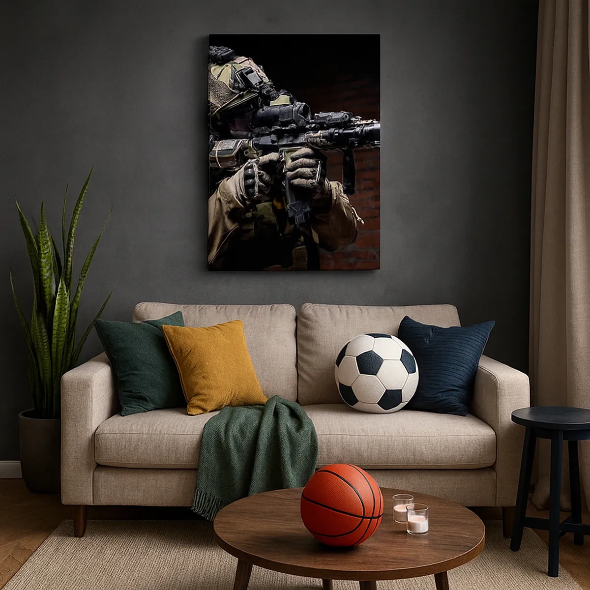 Bild auf Leinwand - Leinwandbild - Ein Soldat in voller Montur mit einem Gewehr - 50x70cm - Tödlich wirksam - Moderne Wanddekoration für Wohnzimmer und Schlafzimmer ARTTOR