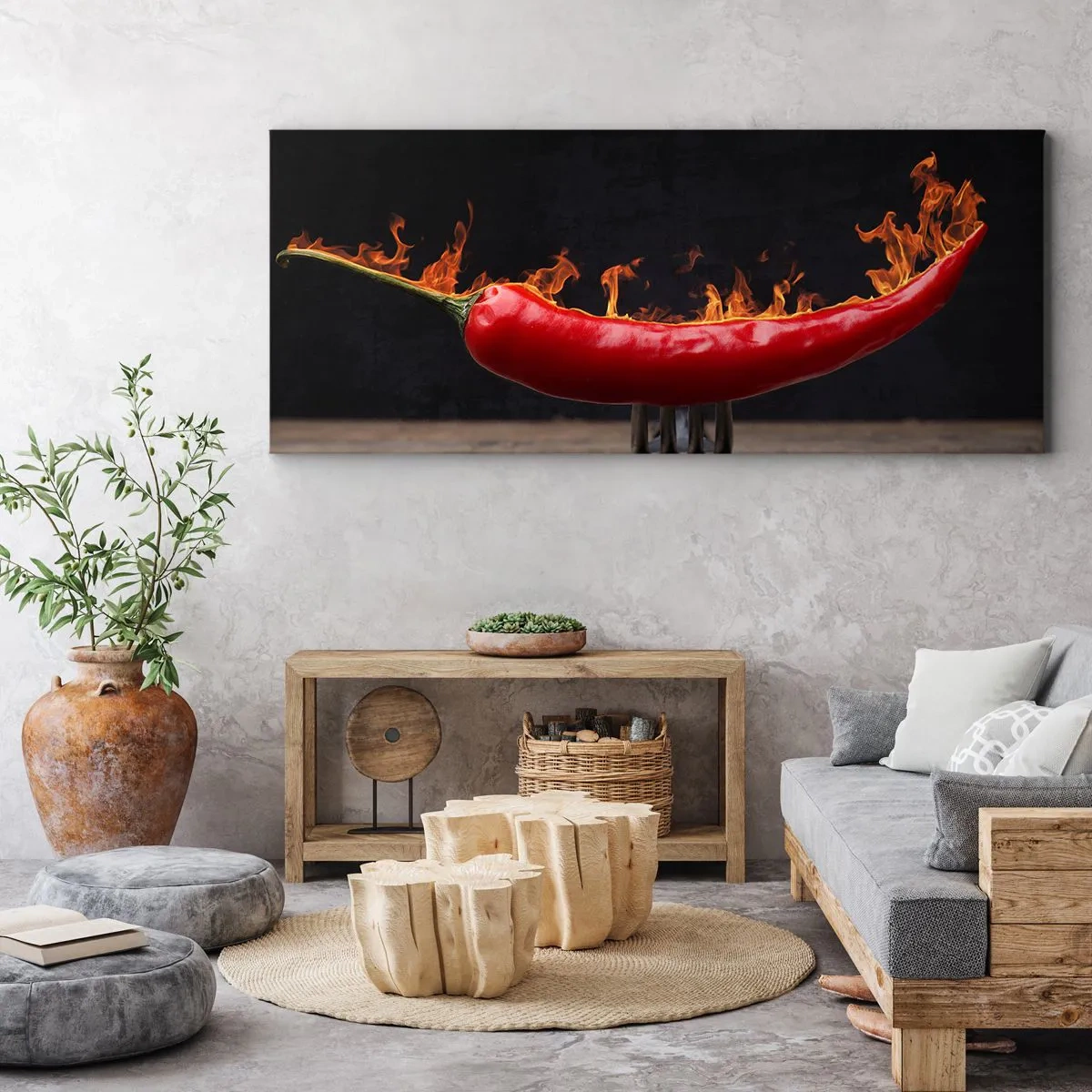 Bild auf Leinwand - Leinwandbild - Feurige rote Paprika auf einer Gabel - 120x50cm - Eine feurige Vorspeise - Moderne Wanddekoration für Wohnzimmer und Schlafzimmer ARTTOR