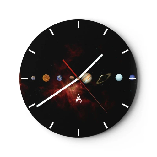 Wanduhr - Glasuhr - Planeten des Sonnensystems vor dem Hintergrund einer schwarzen Galaxie - 30x30cm - Unsere Nachbarschaft - Moderne Wanddekoration für Wohnzimmer, Küche und Schlafzimmer ARTTOR