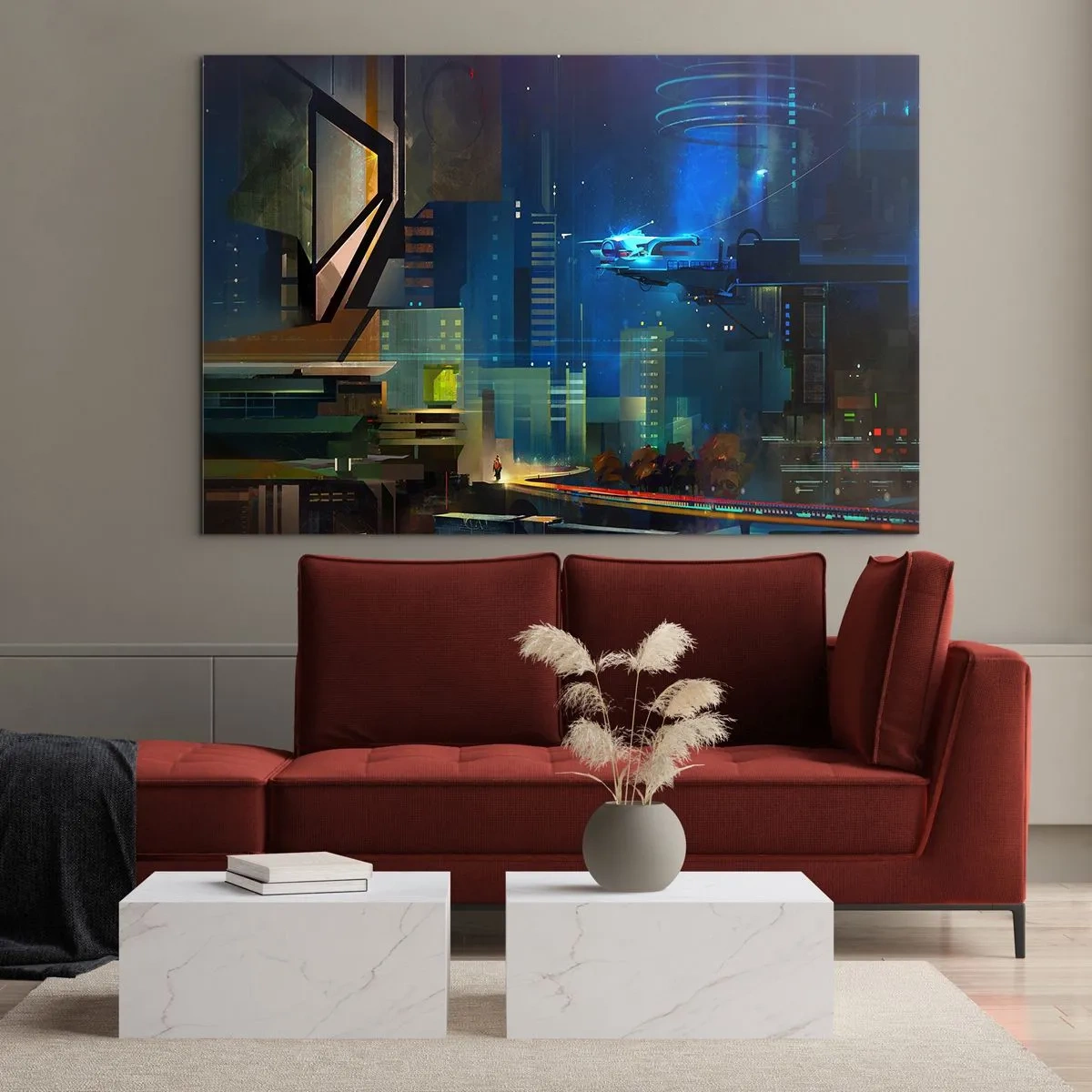 Glasbild - Bild auf glas - Futuristische Stadt bei Nacht mit Neonlichtern und einem fliegenden Fahrzeug - 70x50cm - In naher Zukunft - Moderne Wanddekoration für Wohnzimmer und Schlafzimmer ARTTOR
