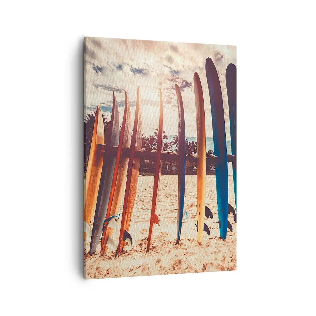 Bild auf Leinwand - Leinwandbild - Surfbretter am Strand bei Sonnenuntergang - 50x70cm - Gute Nacht bis morgen - Moderne Wanddekoration für Wohnzimmer und Schlafzimmer ARTTOR