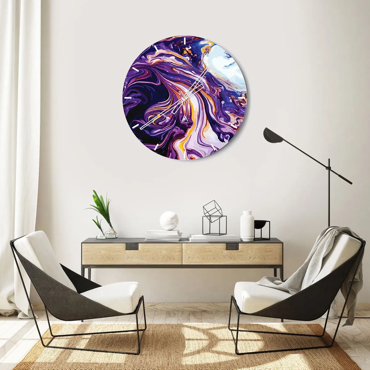 Wanduhr - Glasuhr - Lila abstrakte Wirbel mit hellen Akzenten - 30x30cm - Die Falte ist lila geworden - Moderne Wanddekoration für Wohnzimmer, Küche und Schlafzimmer ARTTOR
