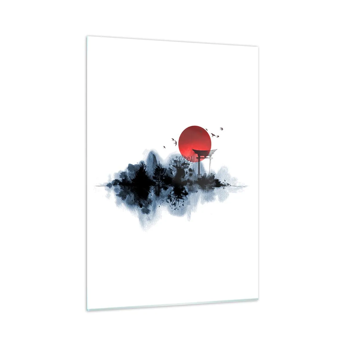 Glasbild - Bild auf glas - Eine minimalistische Landschaft mit einem Torii-Tor und einer roten Sonne. - 50x70cm - Japanische Sicht - Moderne Wanddekoration für Wohnzimmer und Schlafzimmer ARTTOR