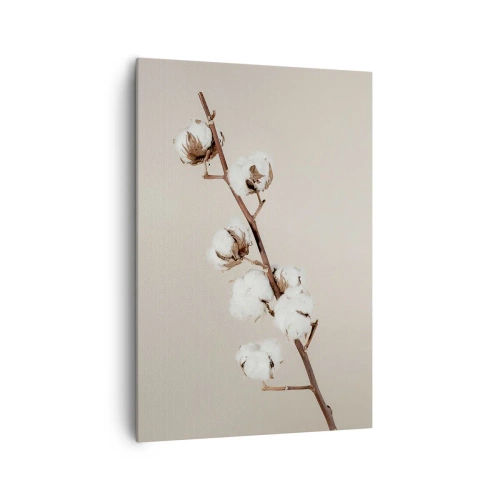 Bild auf Leinwand - Leinwandbild - Ein Zweig Baumwolle auf beigem Hintergrund - 70x100cm - An der Quelle der Weichheit - Moderne Wanddekoration für Wohnzimmer und Schlafzimmer ARTTOR