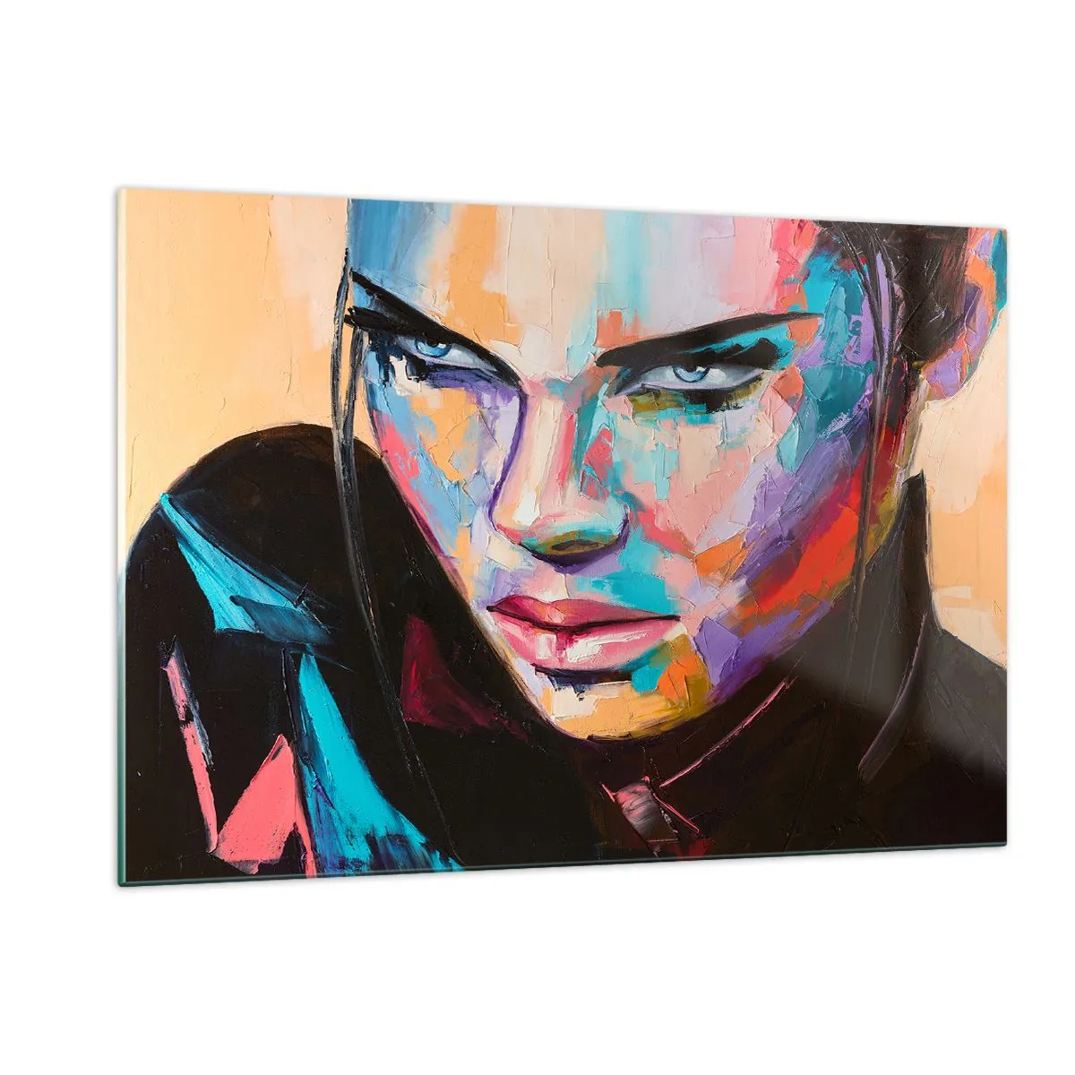 Glasbild - Bild auf glas - Porträt einer Frau in leuchtenden Farben vor abstraktem Hintergrund - 120x80cm - Wild im Herzen - Moderne Wanddekoration für Wohnzimmer und Schlafzimmer ARTTOR