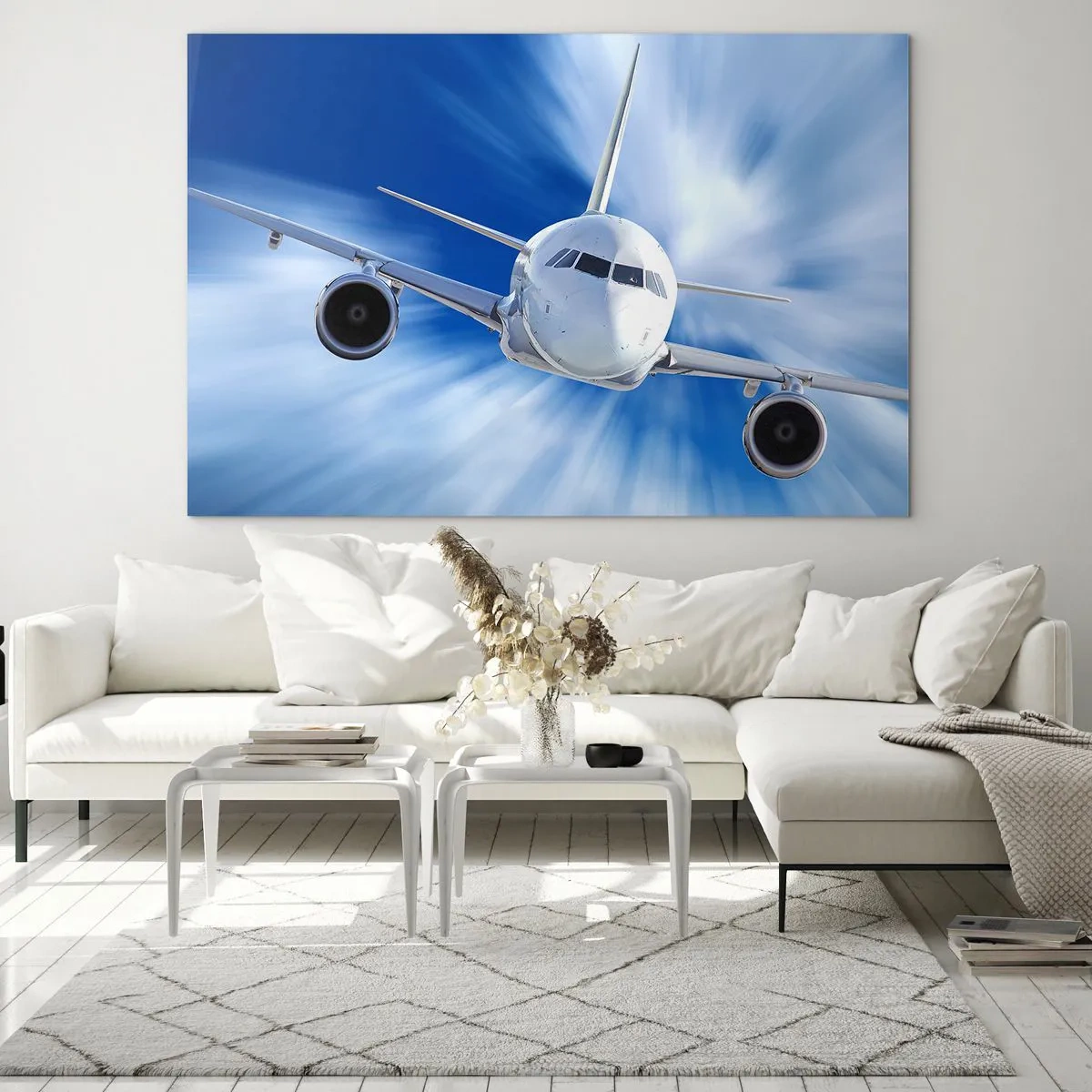 Glasbild - Bild auf glas - Ein Passagierflugzeug vor einem dynamischen blauen Himmel - 100x70cm - Schneller als der Wind am Himmel - Moderne Wanddekoration für Wohnzimmer und Schlafzimmer ARTTOR