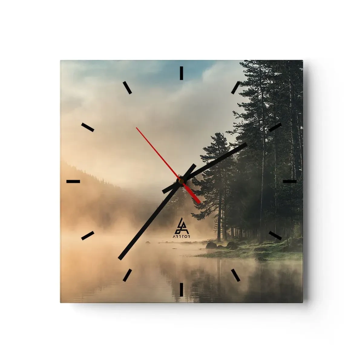 Wanduhr - Glasuhr - Ein nebliger Wald über einem ruhigen See - 30x30cm - Die Geburt des Tages - Moderne Wanddekoration für Wohnzimmer und Schlafzimmer ARTTOR