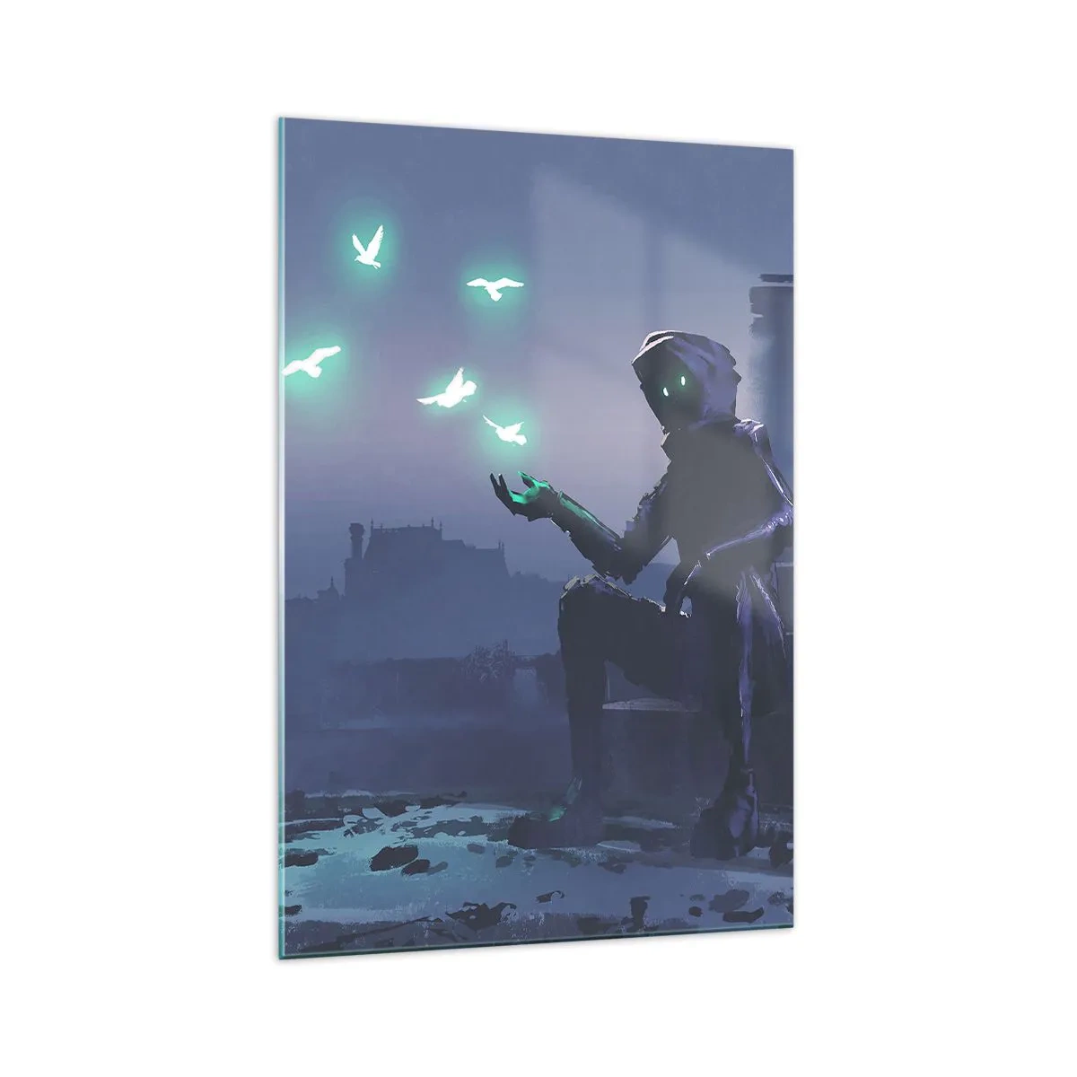 Glasbild - Bild auf glas - Eine vermummte Figur mit magischen Vögeln im Hintergrund einer Stadt - 70x100cm - Das Leben wird zurückkommen - Moderne Wanddekoration für Wohnzimmer und Schlafzimmer ARTTOR