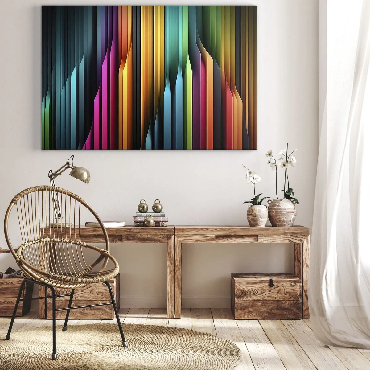 Bild auf Leinwand - Leinwandbild - Bunte vertikale Linien erzeugen eine dynamische Abstraktion. - 70x50cm - Lichtorgan - Moderne Wanddekoration für Wohnzimmer und Schlafzimmer ARTTOR
