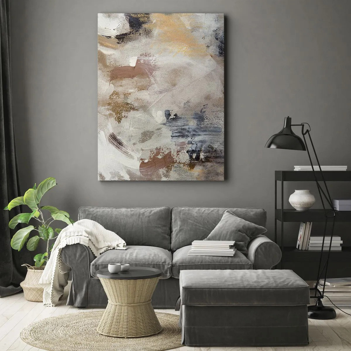 Bild auf Leinwand - Leinwandbild - Abstrakte Punkte in gedeckten Beige- und Goldtönen - 50x70cm - Neblige Abstraktion - Moderne Wanddekoration für Wohnzimmer und Schlafzimmer ARTTOR