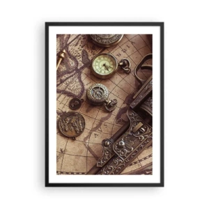 Poster in einem schwarzem Rahmen - Ein Kompass, eine Karte und altmodische Gegenstände, die Abenteuer symbolisieren - 50x70cm - Das Abenteuer ruft - Moderne Wanddekoration für Wohnzimmer und Schlafzimmer ARTTOR