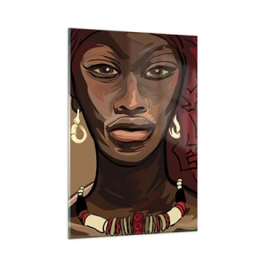 Glasbild - Bild auf glas - Porträt einer Frau mit rotem Turban auf beigem Hintergrund - 80x120cm - Venus aus Ebenholz  - Moderne Wanddekoration für Wohnzimmer und Schlafzimmer ARTTOR