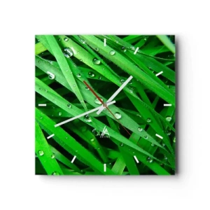 Wanduhr - Glasuhr - Nahaufnahme von grünen Grashalmen mit Tautropfen - 30x30cm - Grün spielen - Moderne Wanddekoration für Wohnzimmer und Schlafzimmer ARTTOR