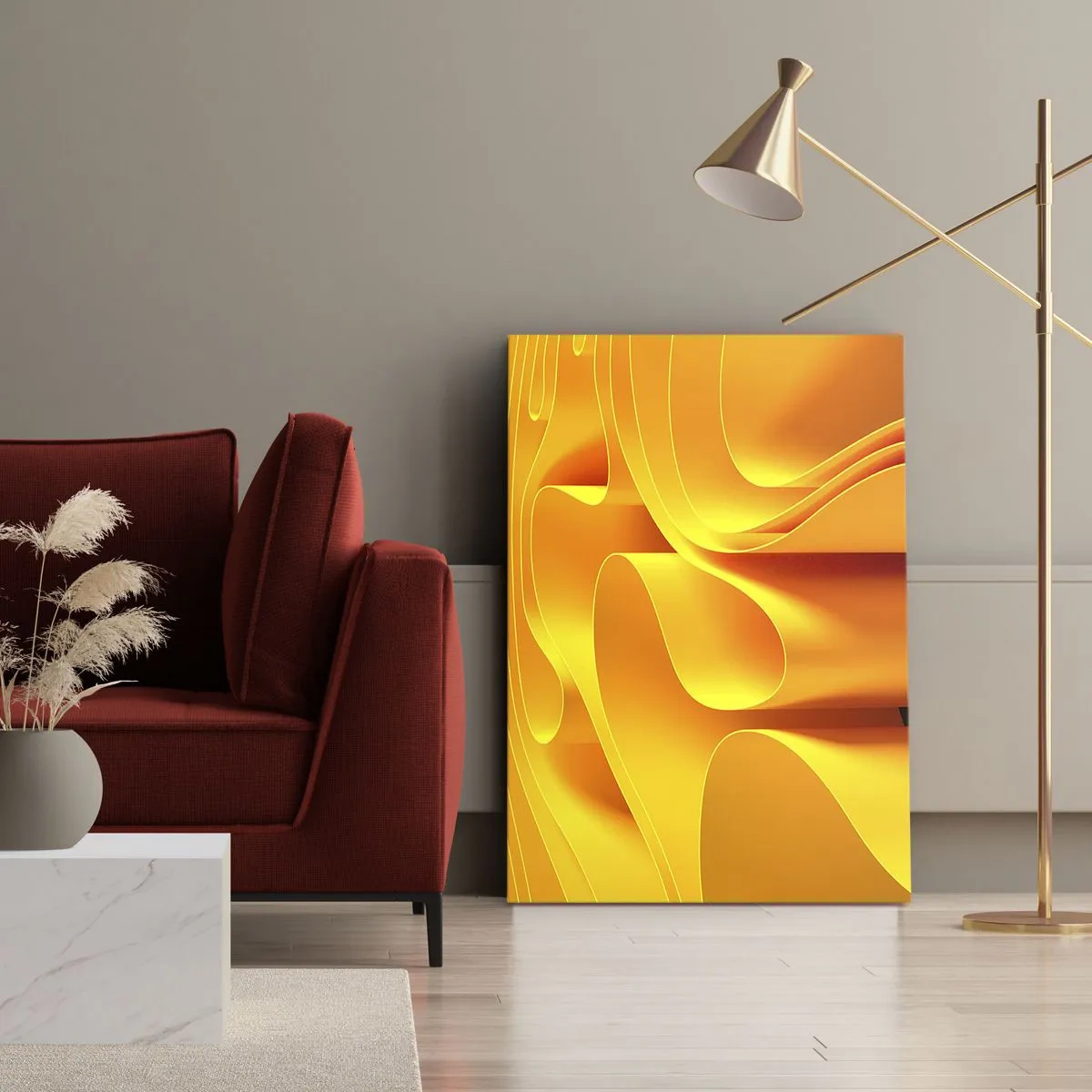 Bild auf Leinwand - Leinwandbild - Gelbe abstrakte Wellen, die Sonnenstrahlen ähneln - 50x70cm - Wie Sonnenwellen - Moderne Wanddekoration für Wohnzimmer und Schlafzimmer ARTTOR
