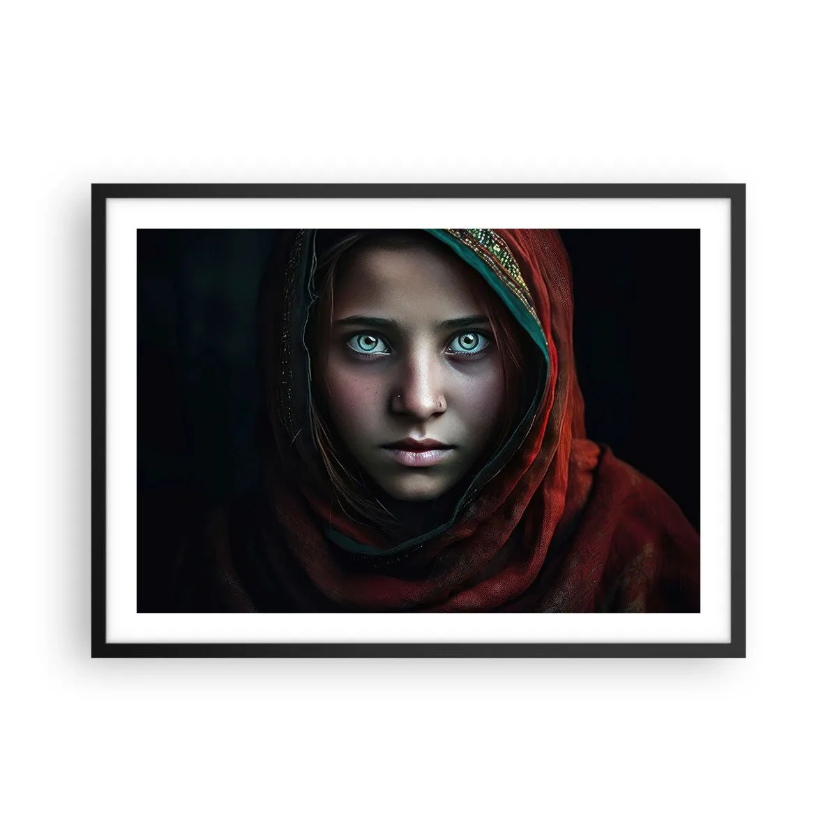 Poster in einem schwarzem Rahmen - Porträt einer Frau mit intensivem Blick in warmen Farben - 70x50cm - Prinzessin aus dem Osten - Moderne Wanddekoration für Wohnzimmer und Schlafzimmer ARTTOR