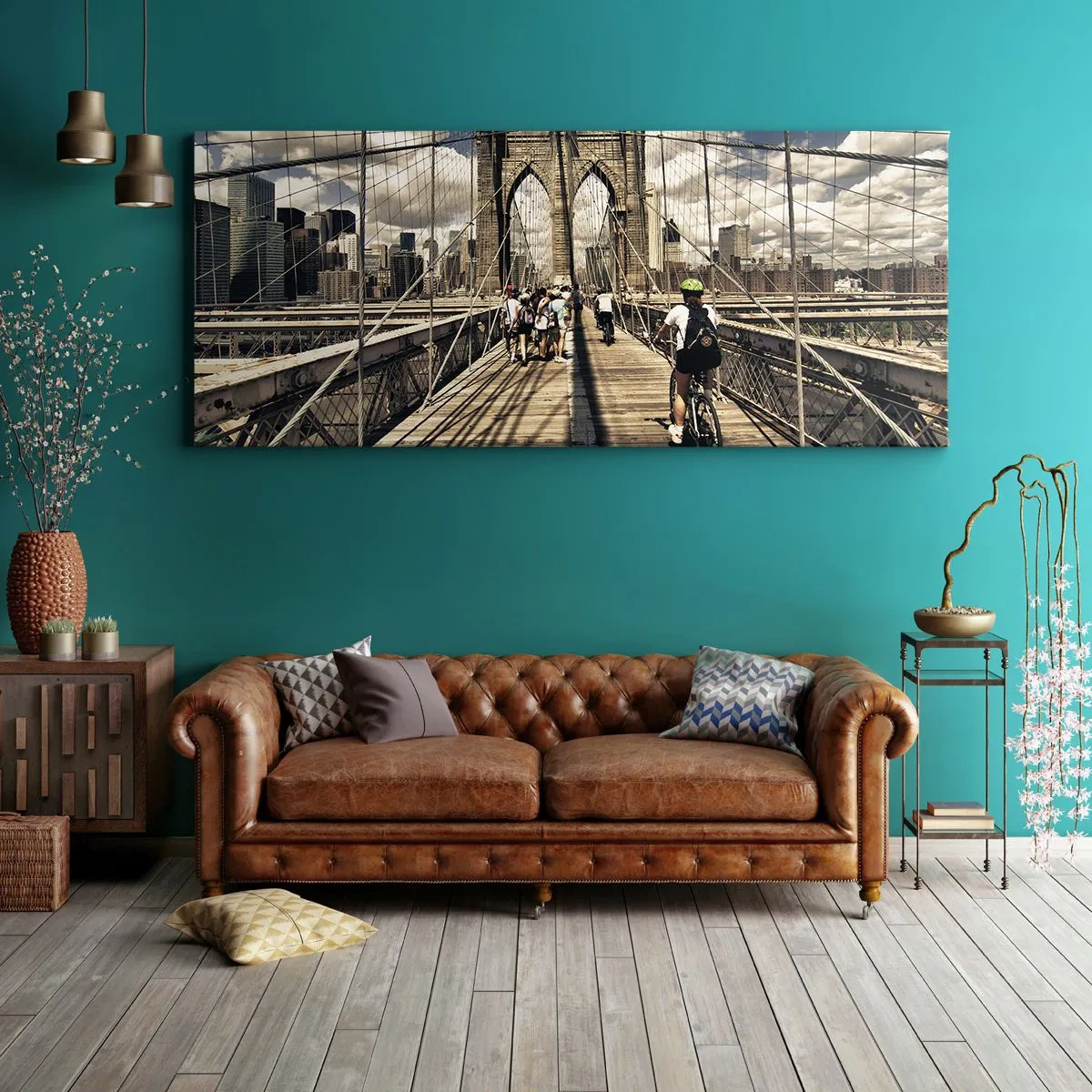 Bild auf Leinwand - Leinwandbild - Brooklyn Bridge mit Blick auf Fußgänger und Radfahrer - 160x50cm - Direkt ins Herz der Stadt - Moderne Wanddekoration für Wohnzimmer und Schlafzimmer ARTTOR