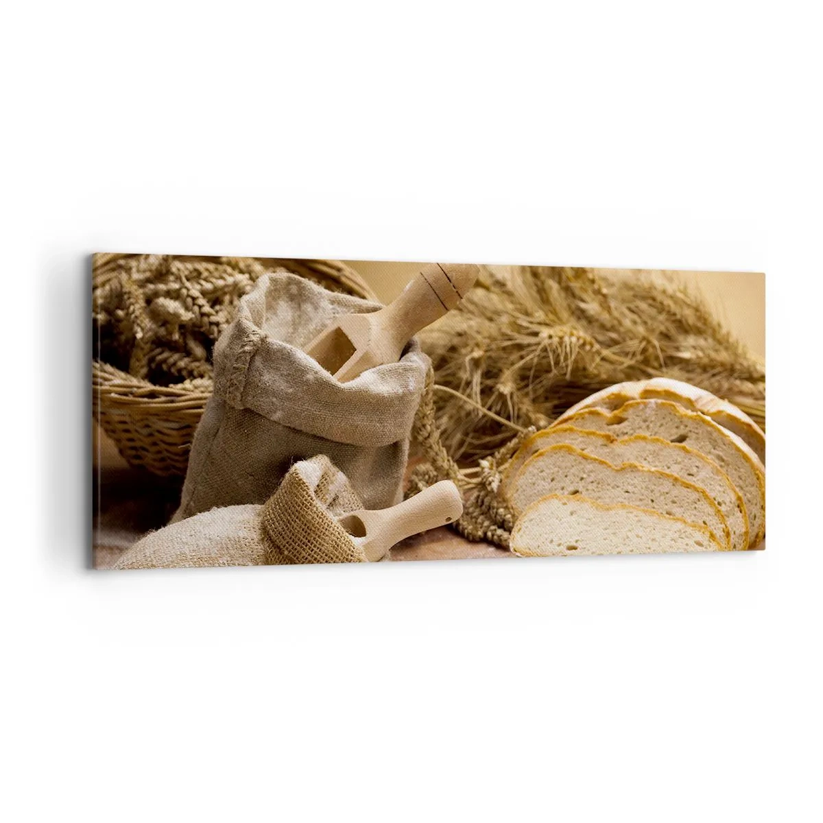 Bild auf Leinwand - Leinwandbild - Eine Landschaft mit Brot, Mehl und Ähren im rustikalen Stil. - 120x50cm - Wie mit einem Messer geschnitten - Moderne Wanddekoration für Wohnzimmer und Schlafzimmer ARTTOR