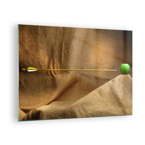 Glasbild - Bild auf glas - Ein grüner Apfel auf beigem Hintergrund, der von einem Pfeil durchbohrt wird. - 70x50cm - Beschwöre den Geist von Wilhelm Tell - Moderne Wanddekoration für Wohnzimmer und Schlafzimmer ARTTOR