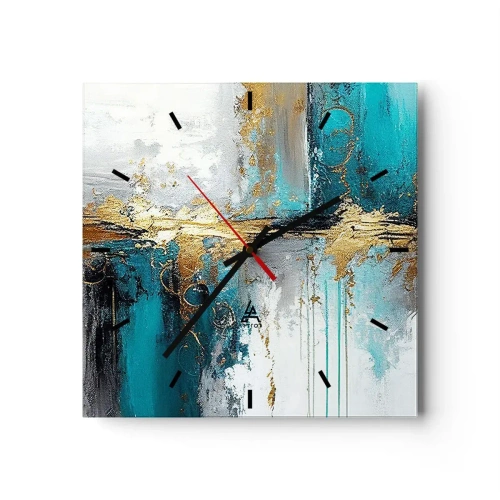 Wanduhr - Glasuhr - Eine abstrakte Komposition mit türkisfarbenen und goldenen Akzenten. - 30x30cm - Alles fließt - Moderne Wanddekoration für Wohnzimmer und Schlafzimmer ARTTOR