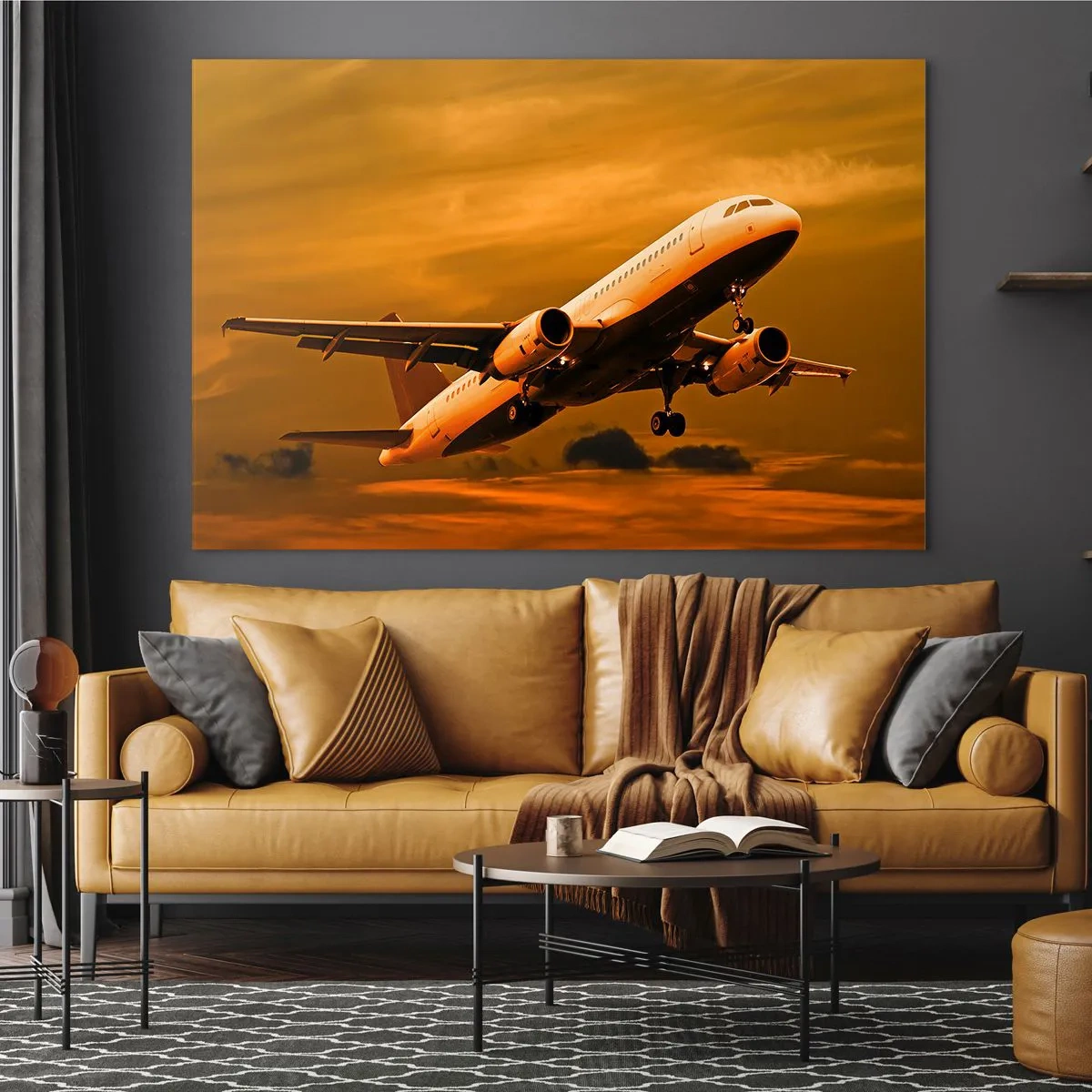 Glasbild - Bild auf glas - Ein Flugzeug, das vor einem orangefarbenen Himmel abhebt - 70x50cm - Flug der Sonne entgegen - Moderne Wanddekoration für Wohnzimmer und Schlafzimmer ARTTOR
