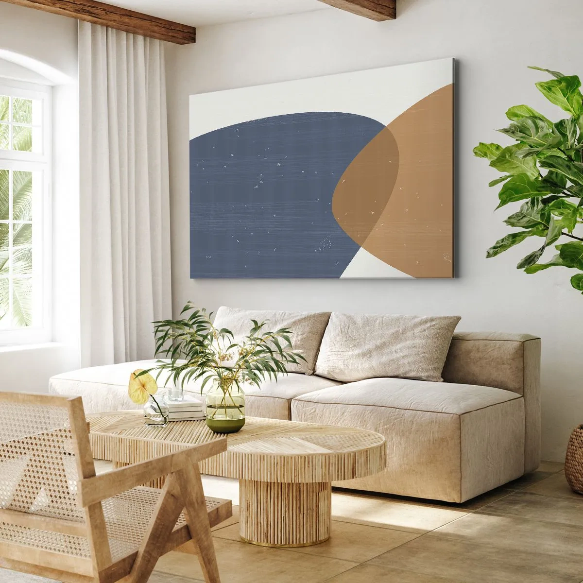 Bild auf Leinwand - Leinwandbild - Eine minimalistische geometrische Komposition in Blau- und Orangetönen. - 100x70cm - Ovale und Einflüsse - Moderne Wanddekoration für Wohnzimmer und Schlafzimmer ARTTOR