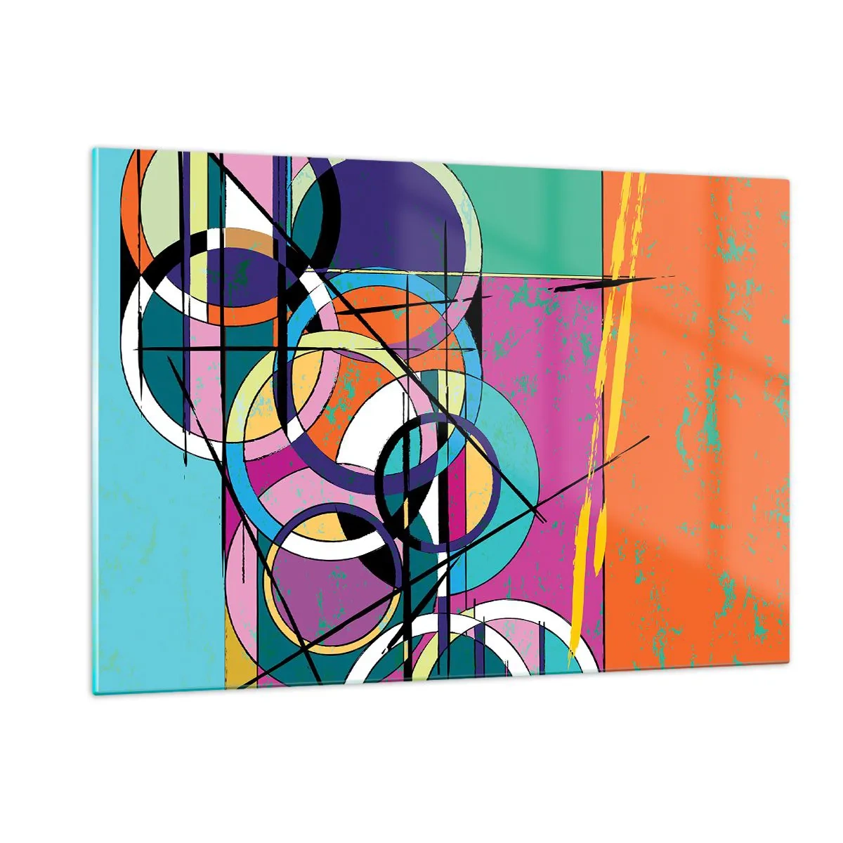 Glasbild - Bild auf glas - Bunte Abstraktion mit geometrischen Formen und Kreisen - 120x80cm - Rad für Rad - Moderne Wanddekoration für Wohnzimmer und Schlafzimmer ARTTOR