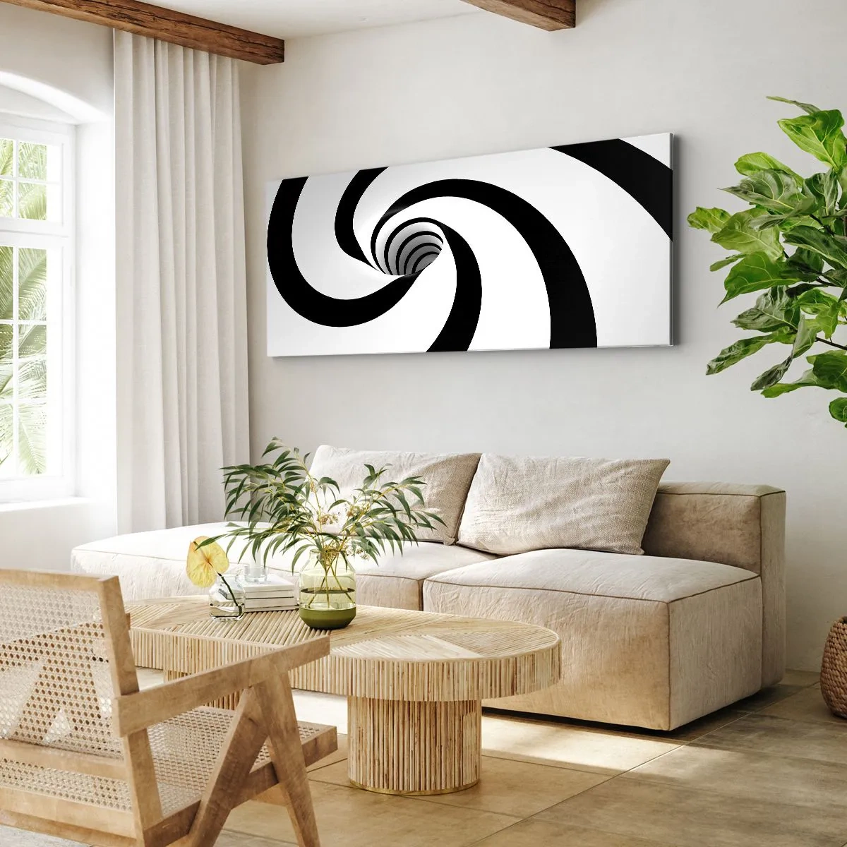 Bild auf Leinwand - Leinwandbild - Abstrakte schwarz-weiße Spirale mit Wirbeleffekt - 140x50cm - Dem Wirbel nachgeben? - Moderne Wanddekoration für Wohnzimmer und Schlafzimmer ARTTOR