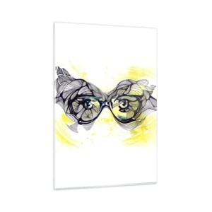 Glasbild - Bild auf glas - Künstlerische Grafik einer Brille mit ausdrucksstarken Augen - 80x120cm - Durch blaue Brille - Moderne Wanddekoration für Wohnzimmer und Schlafzimmer ARTTOR