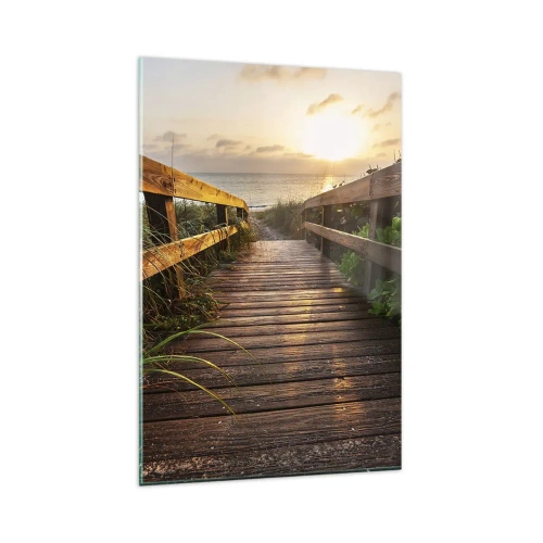 Glasbild - Bild auf glas - Holzsteg zum Strand bei Sonnenuntergang - 80x120cm - Und direkt ans Ufer - Moderne Wanddekoration für Wohnzimmer und Schlafzimmer ARTTOR