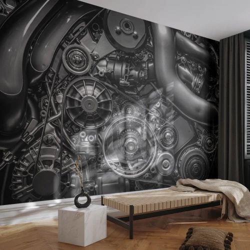 Fototapete Premium Sand - Details der metallischen Motorkomponenten - 100x70cm - Die Poesie der Mechanik - Moderne Wanddekoration für Wohnzimmer und Schlafzimmer ARTTOR