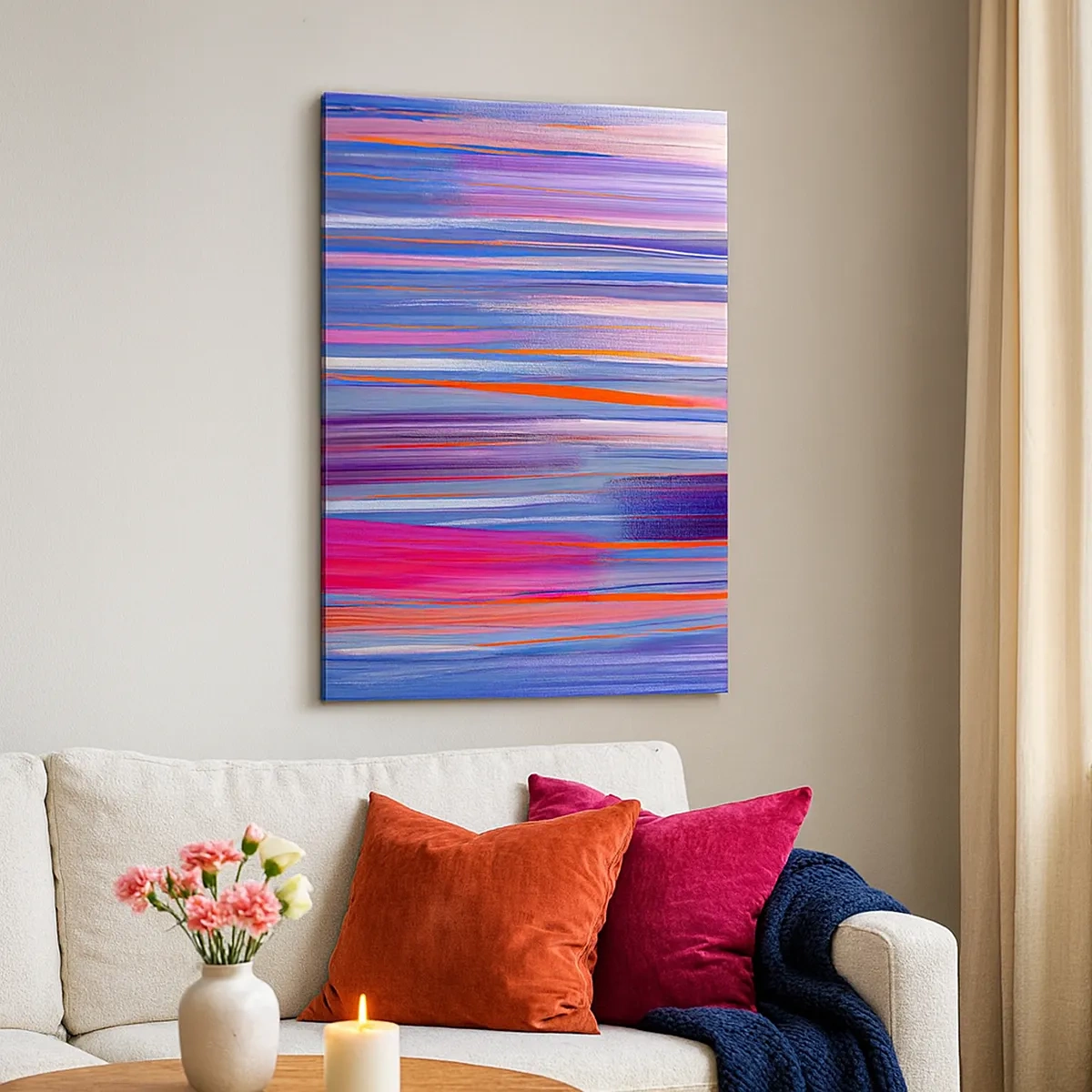 Bild auf Leinwand - Leinwandbild - Abstrakte vertikale Linien in Blau- und Rosatönen - 50x70cm - Aufstieg zum Regenbogen - Moderne Wanddekoration für Wohnzimmer und Schlafzimmer ARTTOR