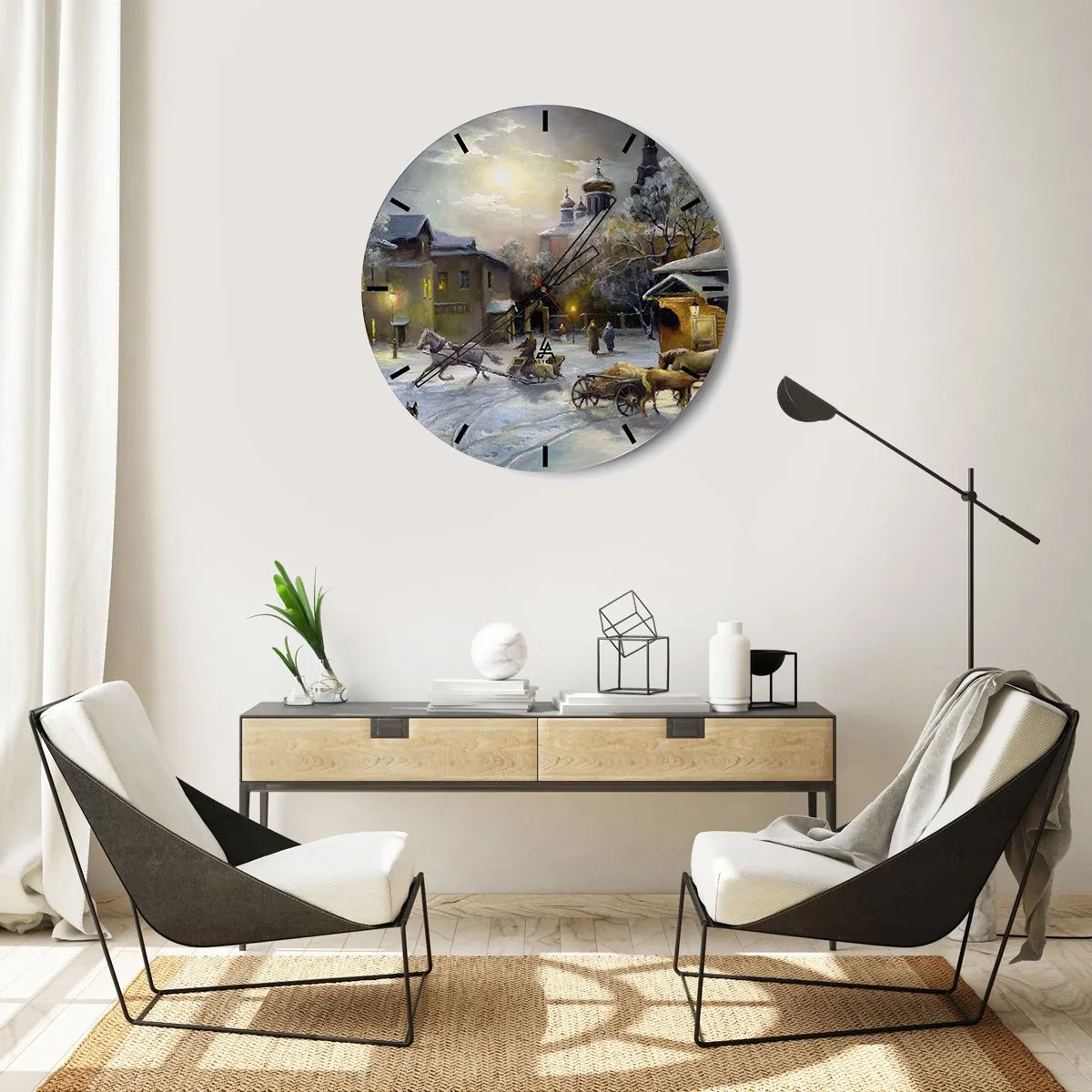 Wanduhr - Glasuhr - Winterlandschaft mit Pferden und einer Kirche im Hintergrund - 30x30cm - Die Magie des russischen Winters - Moderne Wanddekoration für Wohnzimmer, Küche und Schlafzimmer ARTTOR