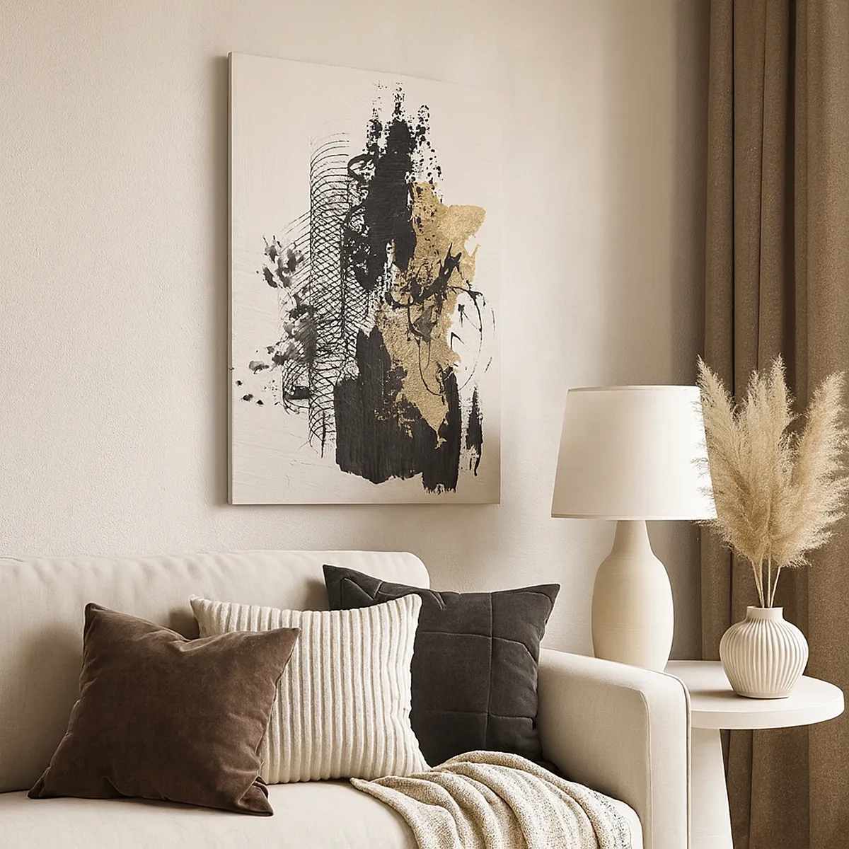 Bild auf Leinwand - Leinwandbild - Ein abstraktes Gemälde in Schwarz und Gold mit dynamischen Linien und Strukturen. - 50x70cm - Komposition mit Leidenschaft - Moderne Wanddekoration für Wohnzimmer und Schlafzimmer ARTTOR